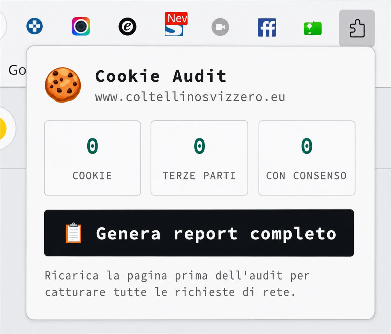 Schermata di Cookie Audit — Estensione Firefox