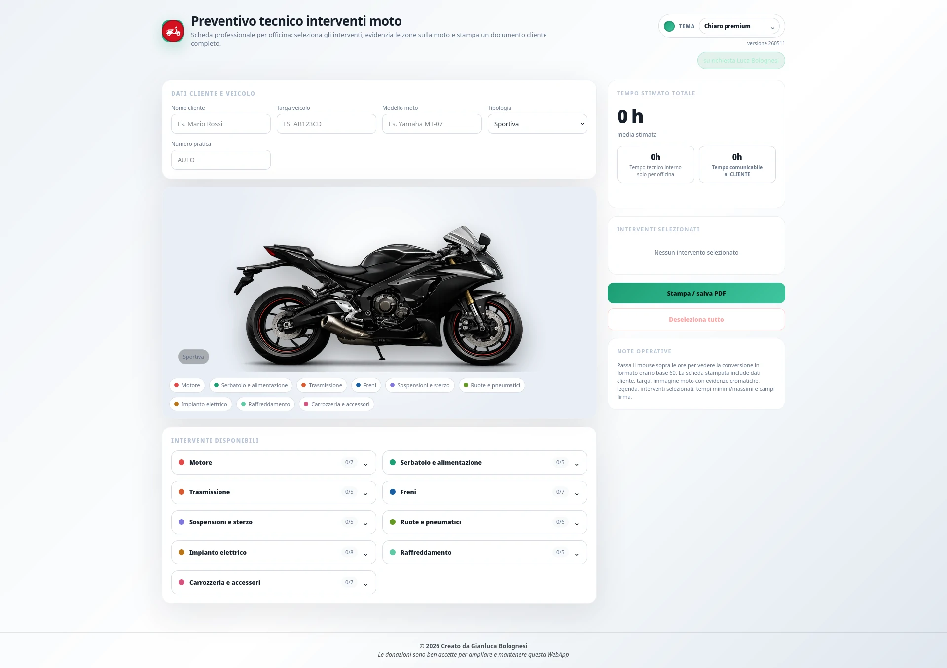 Schermata di Preventivo Tecnico Moto